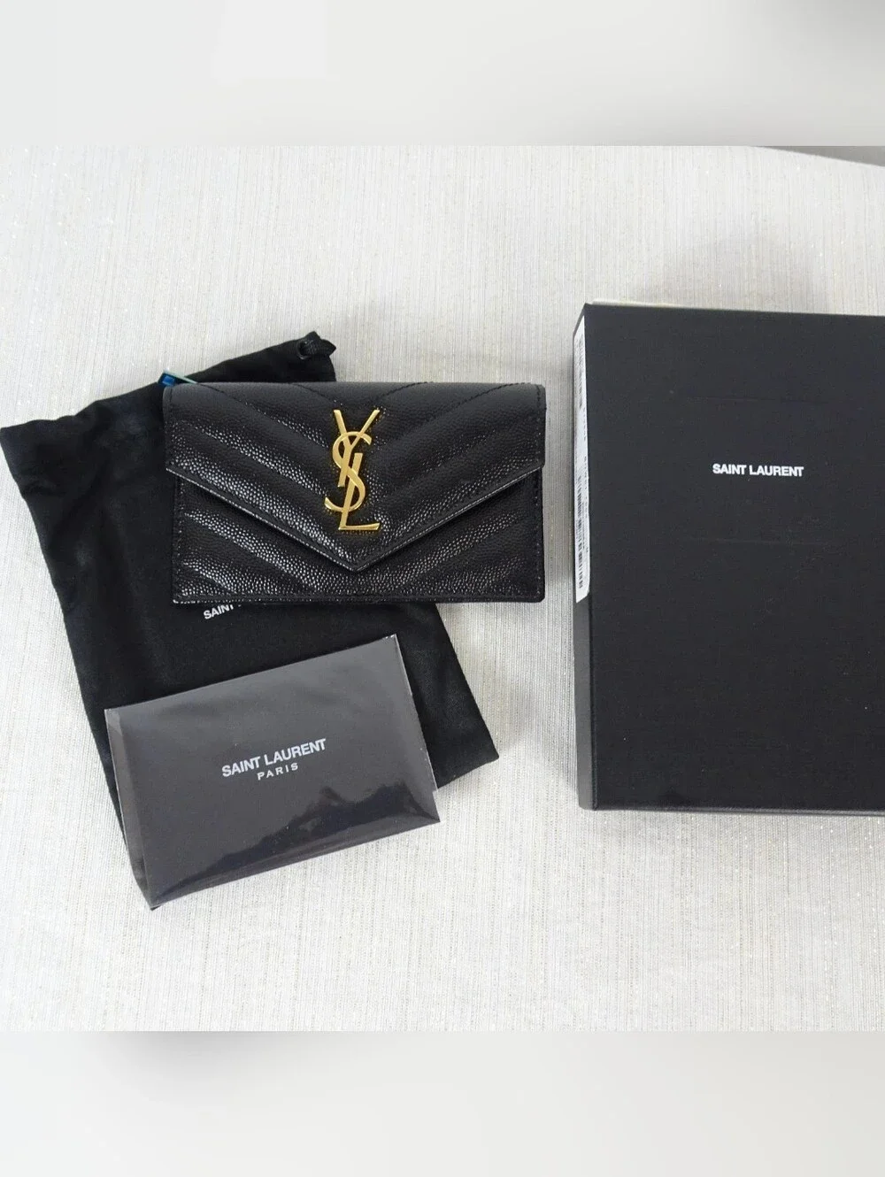 YSL Saint Laurent Monogram Card Holder Wallet Matelasse Chevron Grain Leather